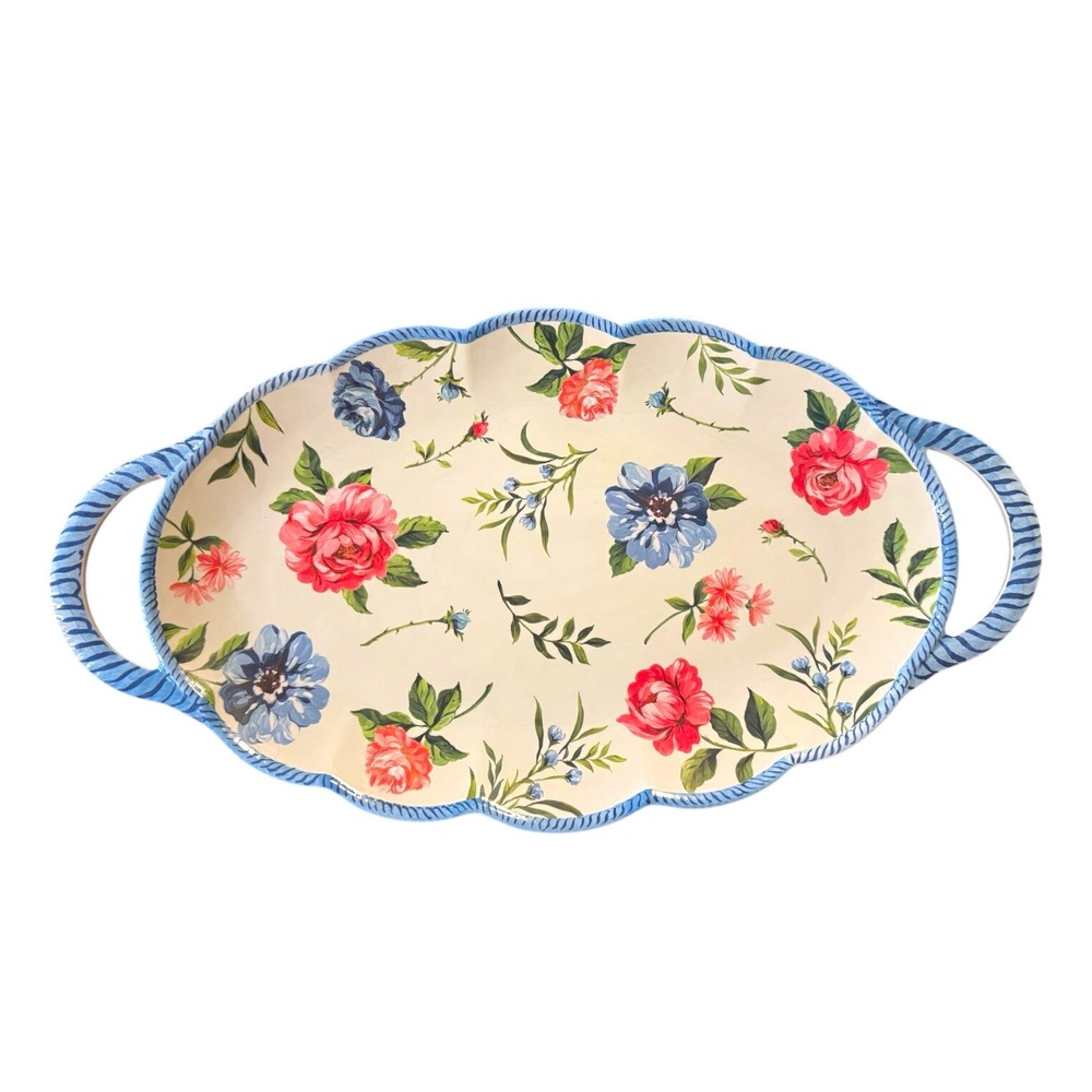 Large Oval Floral Melamine Serving Platter w/ Handles White Blue Trim 23x14"